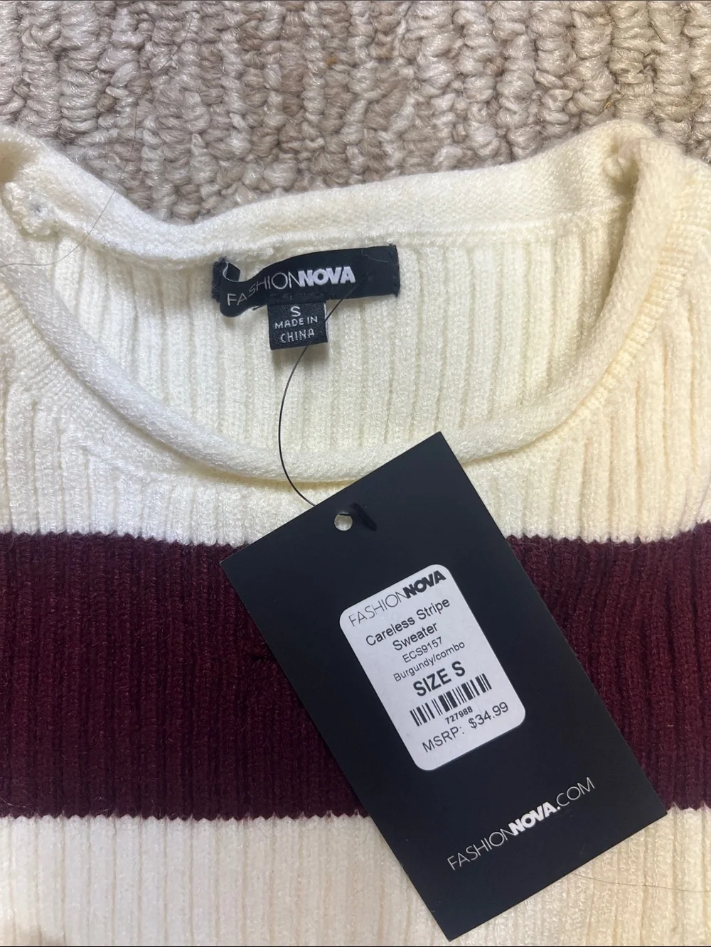 Fashion nova Striped Maroon and Cream Crewneck Sweater